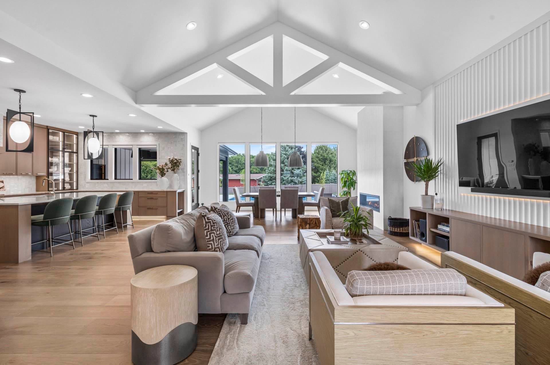 Open-concept living room with vaulted ceiling